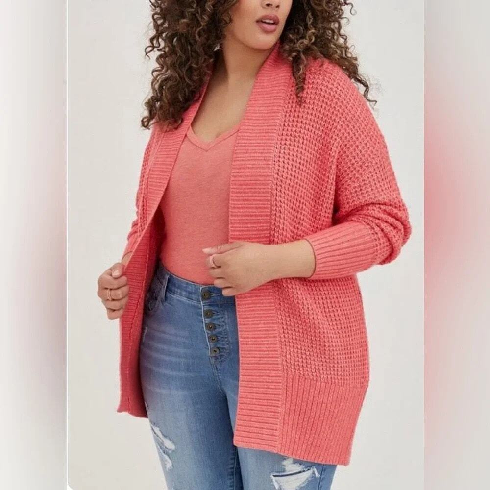 Torrid Coral Variegated Open Long Sleeve Waffle Knit Sweater Cardigan Women 2X